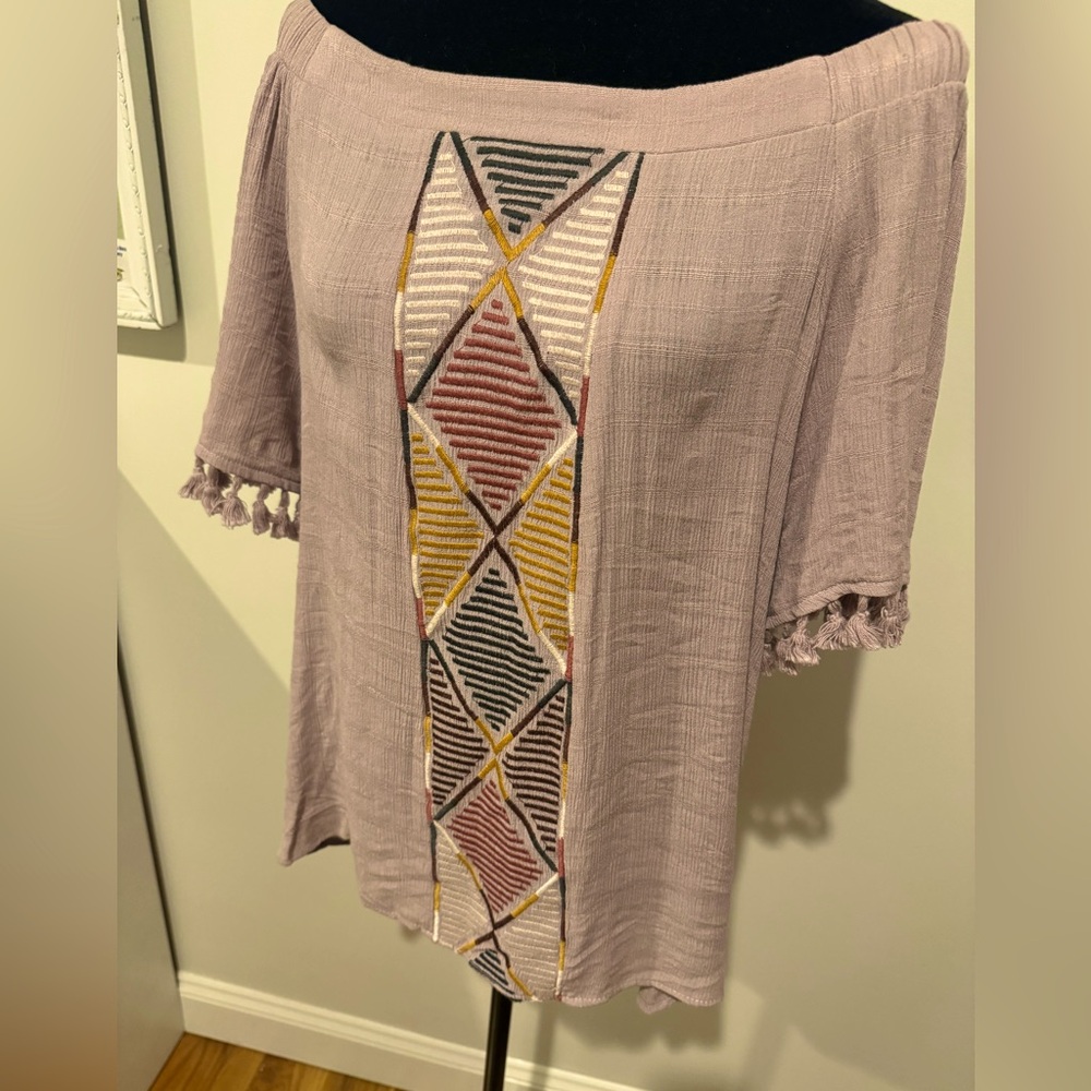 Purple Off Shoulder Boho Style Shirt, Woven Front Detail w/ Tasseled Sleeves